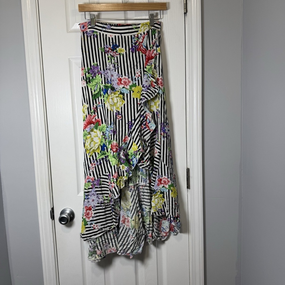 Me 2 Magic Skirt Womens Medium Stripe Floral Ruffle‎ Faux Wrap Hi-Low Maxi Skirt
